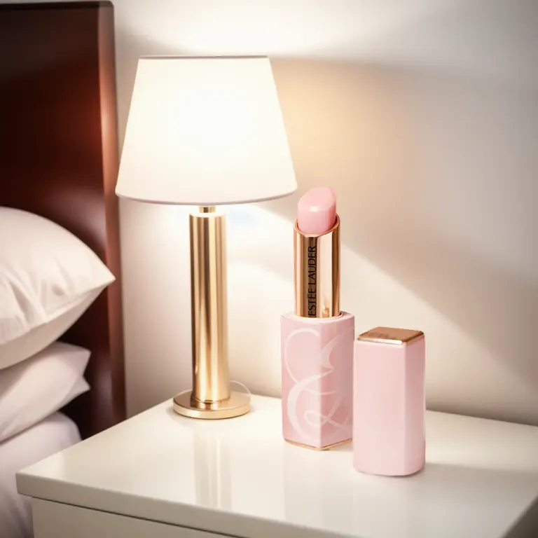 pink lipstick on a side table, in a bedroom, beside a table lamp