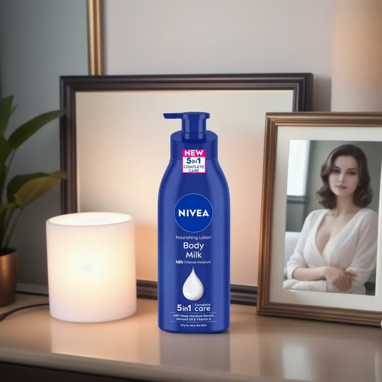nivea body lotion bottle on a table, plant and photo frame in the background